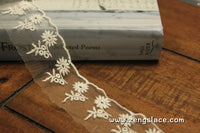 White mesh lace trim embroidered with flowers and white edging, lace edging, floral lace, 1 1/2 inches wide, lace by the yard/EE-37