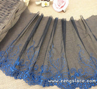 Blue mesh lace embroidery on black mesh lace trim, wide lace trim, lace by the yard, couture trim, cast team lace, doll lace trim. ee-10-01