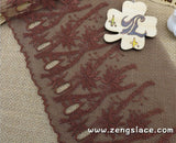 Brown mesh wide lace trim embroidered with floral patterns, floral lace, lingerie lace, lace embroidery, lace by the yard. ee-11-01