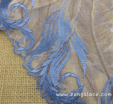 Blue lace fabric with lace embroidery, french lingerie lace trim, couture trim, about 9 1/4 inches wide lace by the yard. ee-25-x