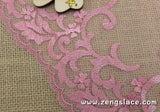 Pink, blue and yellow embroidery on mesh lace, about 7 1/2 inches wide, castteam lace trim, priced for 1 yard. ee-28-x