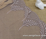 Light brown mesh lace trim with luna leaves pattern embroidered on both edges/Stretch Lace/9 1/2 inches wide lace by the yard. ee-30-01