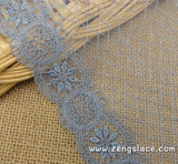 Blue mesh lace trim embroidered with oval patterns, bridal lace, lace embroidery, couture trim, castteam, lace by the yard. ee-20-01