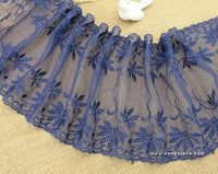 Blue mesh lace trim with vine and flower embroidered on both edges/Stretch Lace/castteam, about 6 inches wide lace by the yard. ee-31-01