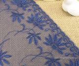 Blue mesh lace trim with vine and flower embroidered on both edges/Stretch Lace/castteam, about 6 inches wide lace by the yard. ee-31-01