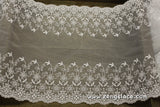 White mesh lace trim embroidered with flowers and leaves and vintage patterns on both sides, 9 inches wide lace by the yard/EE-38