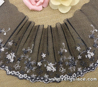 Black mesh lace trim embroidered with white and grey flowers, couture lace, lingerie lace, 4 1/2 inches wide lace by the yard. ee-03-01