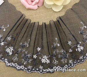 Black mesh lace trim embroidered with white and grey flowers, couture lace, lingerie lace, 4 1/2 inches wide lace by the yard. ee-03-01