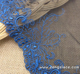 Blue mesh lace embroidery on black mesh lace trim, wide lace trim, lace by the yard, couture trim, cast team lace, doll lace trim. ee-10-01