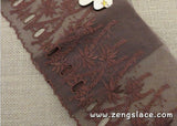 Brown mesh wide lace trim embroidered with floral patterns, floral lace, lingerie lace, lace embroidery, lace by the yard. ee-11-01