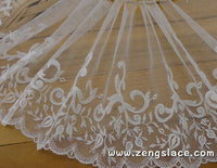 Ivory mesh lace trim embroidered with rosebuds and vines, bridal lace, soft lace, about 7 1/4 inches wide, lace by the yard. ee-23-01