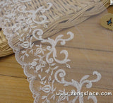 Ivory mesh lace trim embroidered with rosebuds and vines, bridal lace, soft lace, about 7 1/4 inches wide, lace by the yard. ee-23-01