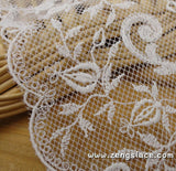 Ivory mesh lace trim embroidered with rosebuds and vines, bridal lace, soft lace, about 7 1/4 inches wide, lace by the yard. ee-23-01