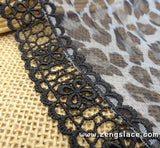 Black lace trim with leopard printed on mesh lace, couture trim, lingerie lace, lace embroidery, lace by the yard, ee-24-01