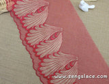 Red mesh lace trim with gold leaves pair patterns, lingerie lace, embroidery lace, about 8 1/2 inches wide, lace by the yard. ee-29-01