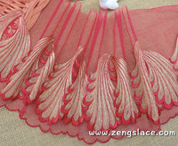 Red mesh lace trim with gold leaves pair patterns, lingerie lace, embroidery lace, about 8 1/2 inches wide, lace by the yard. ee-29-01