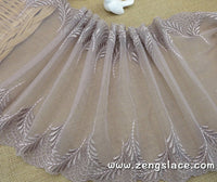 Light brown mesh lace trim with luna leaves pattern embroidered on both edges/Stretch Lace/9 1/2 inches wide lace by the yard. ee-30-01