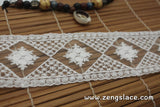 Off-White cotton mesh lace ribbon with diamond pattern and floral embroidery, 2 inches wide lace trim, lace by the yard. LR-05