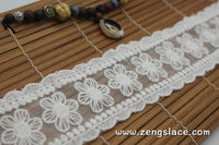 Off-White cotton mesh lace ribbon with flowers and scalloped edges, shabby chic lace, 2 1/4 inches wide, priced for 1 yard. LR-02