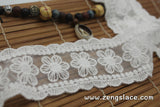 Off-White cotton mesh lace ribbon with flowers and scalloped edges, shabby chic lace, 2 1/4 inches wide, priced for 1 yard. LR-02