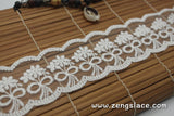 Off-White cotton lace ribbon with flowers embroidered on mesh lace trim/scalloped edging/bridal lace/2 inches wide, lace by the yard. LR-04