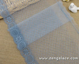 Blue mesh lace trim embroidered with oval patterns, bridal lace, lace embroidery, couture trim, castteam, lace by the yard. ee-20-01