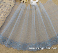 Blue mesh lace trim embroidered with oval patterns, bridal lace, lace embroidery, couture trim, castteam, lace by the yard. ee-20-01