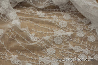 White mesh lace fabric with embroidered flowers and cotton willow branches/Boho Wedding Dress/floral lace fabric/lace by the yard/FL-05