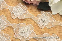 Floral Lace Trim/Rhinestone Lace/3D Flower Lace/Off-white Lace/Unique Bridal Lace/Wedding Lace/Couture Trim/Lace by the yard/DL-01