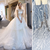 Off-White Lace Wedding Dress Fabric/Luxury Evening Dress Fabric with Plants Embroidered/Unique Bridal Lace Fabric/FL-38